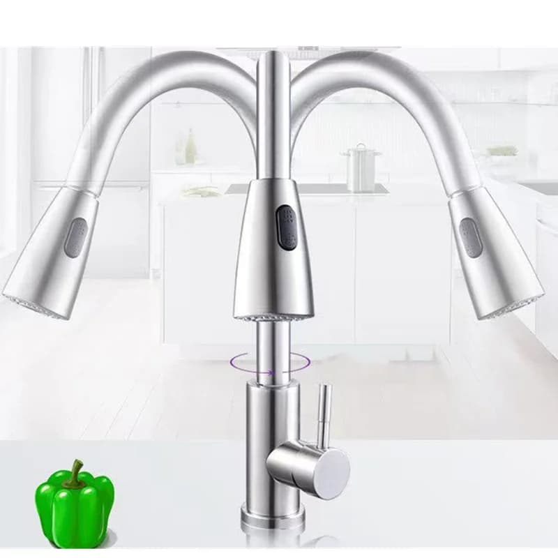 Rubinetto da Cucina Flessibile Estraibile con 2 Modalità di Getto, Miscelatore Acqua Calda e Fredda, Montaggio su Piano, Spruzzatore e Getto Diretto, in Acciaio Inox SUS 304