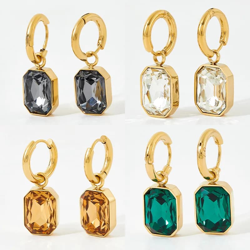 Fashionable square pendant earrings with zircons for women and girls, gold color, metal, crystal, stone, pendant earrings, accessories, jewelry, gifts