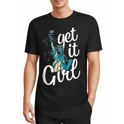 Statue of Liberty Wearing Sunglasses Fireworks Get It Girl Independence Day Women's Power Print Black T-Shirt