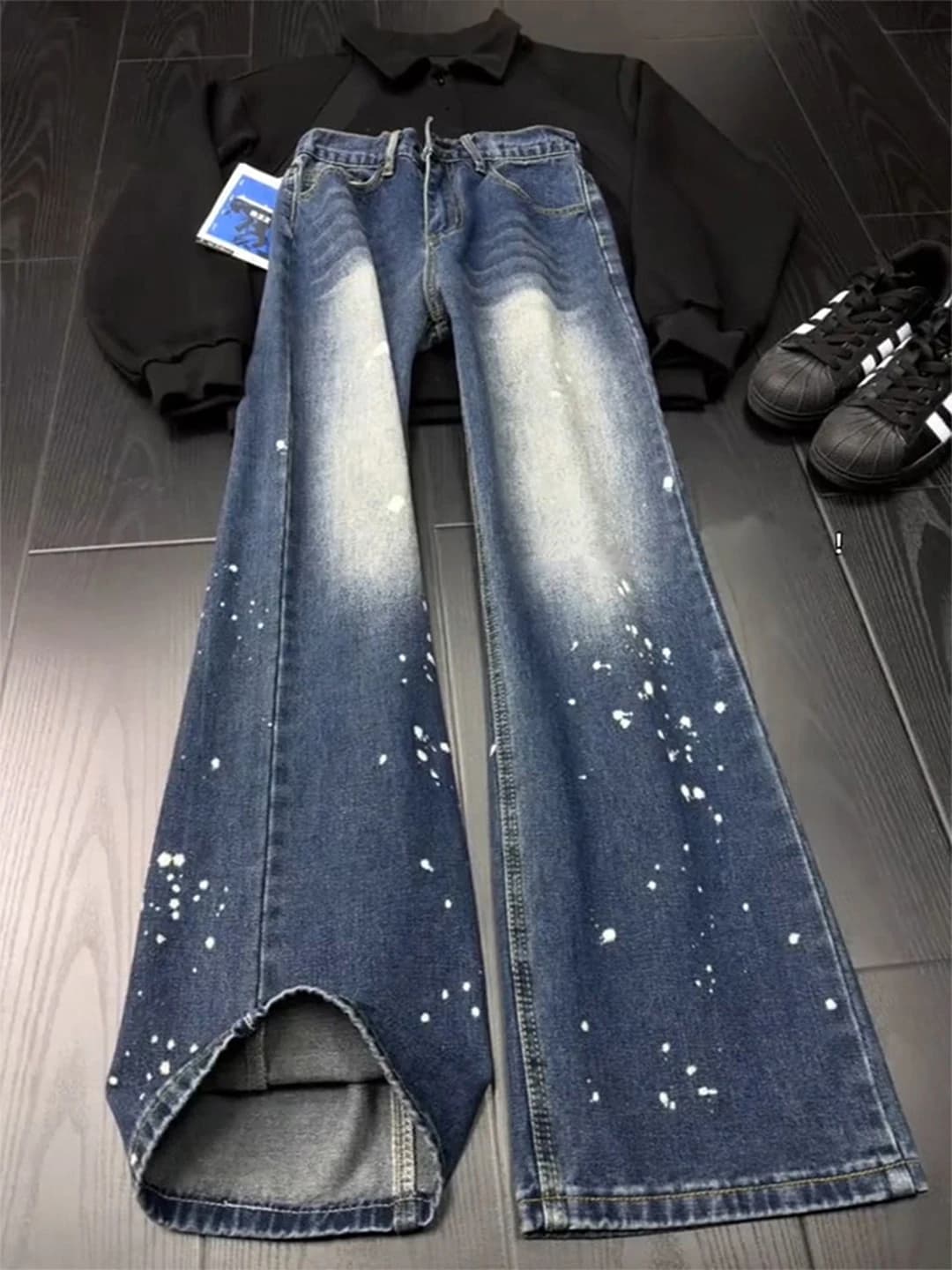 Jeans da uomo Blue Splaed Ink Bell Bottom, stile American High Street, pantaloni alla moda, effetto snellente, a tubo dritto