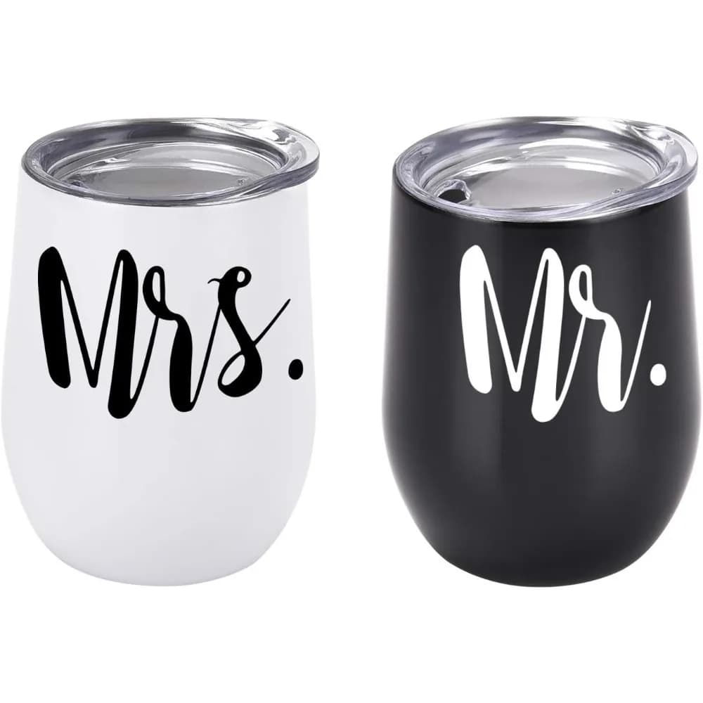 2pcs Mr and Mrs Wine Tumbler Set 12OZ Insulated Stainless Steel Wine Tumbler for Newlyweds Couples Wife
