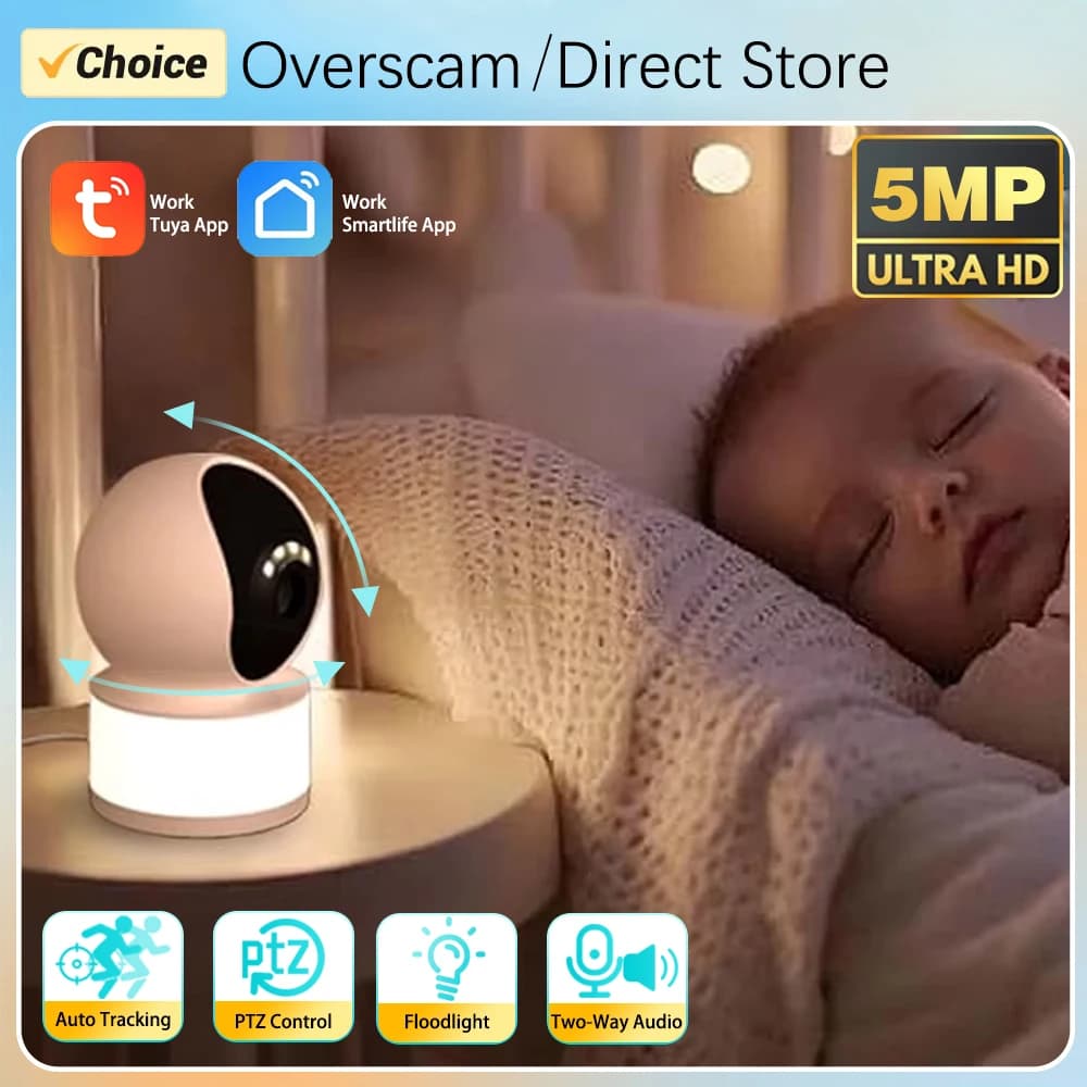 Telecamera Interna Tuya Smartlife 5MP HD con Visione Notturna a Colori, Illuminazione Wireless WiFi, Monitor per Bambini, Tracciamento AI, Audio Bidirezionale