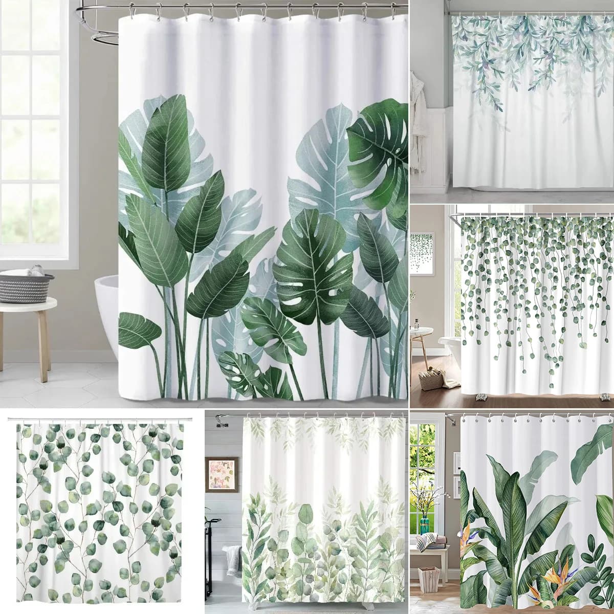 Pianta con foglie verdi tropicali su sfondo bianco Tende da doccia inodore per docce da bagno e decorazioni per vasche da bagno con ganci