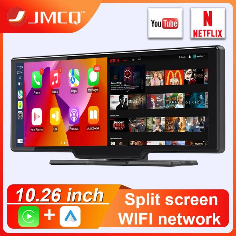 JMCQ Specchietto per auto Radio Lettore video multimediale Schermo universale wireless Carplay Android Auto con YouTube Netflix Bluetooth WIFI