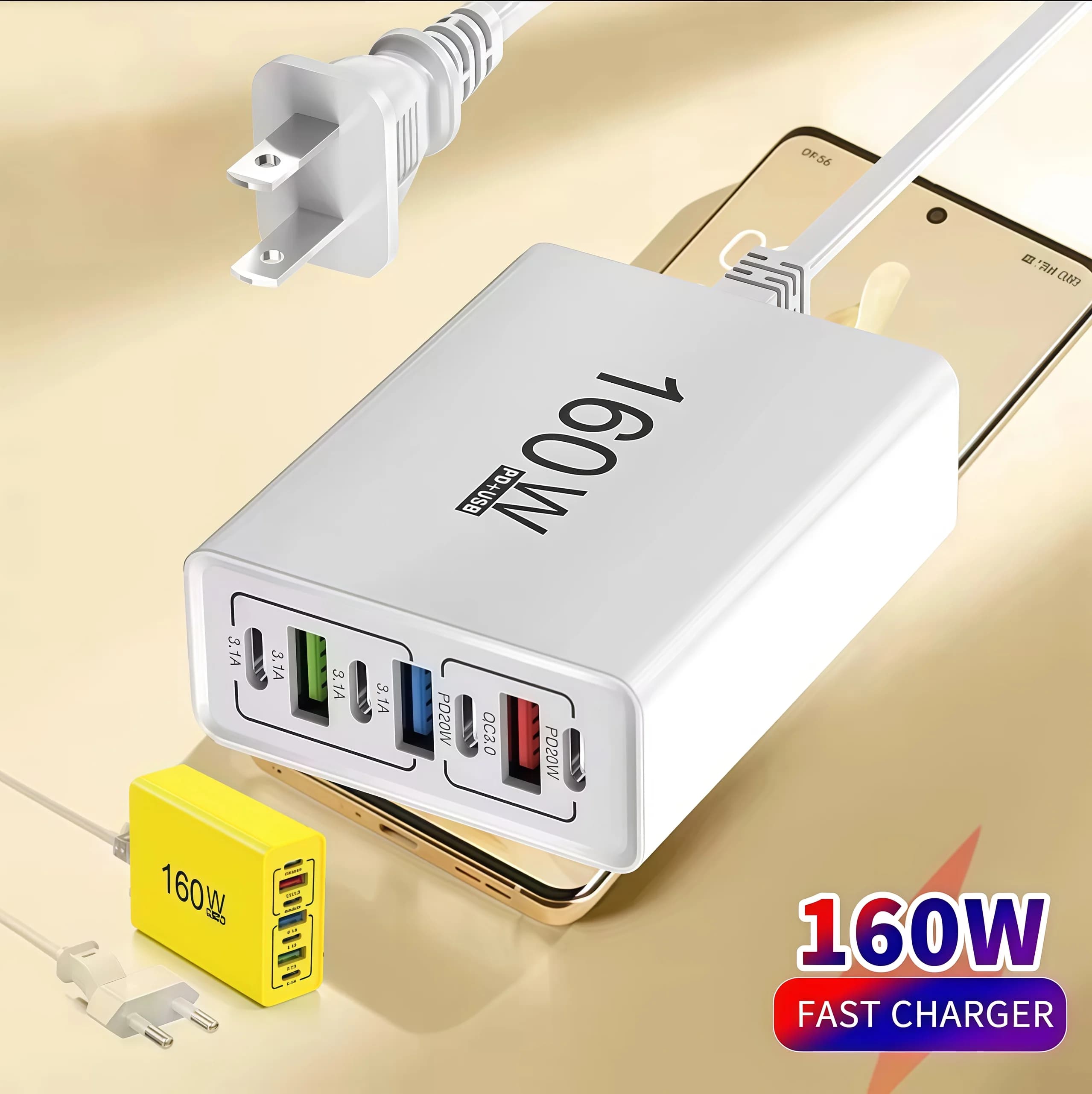 Stazione di ricarica 7 in 1 da 160W con caricatore USB, multipresa con porte PD/Type-C, adattatore per Xiaomi 17 15 iPhone Samsung USB-C EU/US