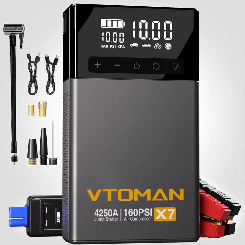 Avviatore di Emergenza Portatile al Litio 12V con Compressore d'Aria, 4250A e 160PSI per Pickup e SUV, Gonfiatore Pneumatici con Spegnimento Automatico, QC3