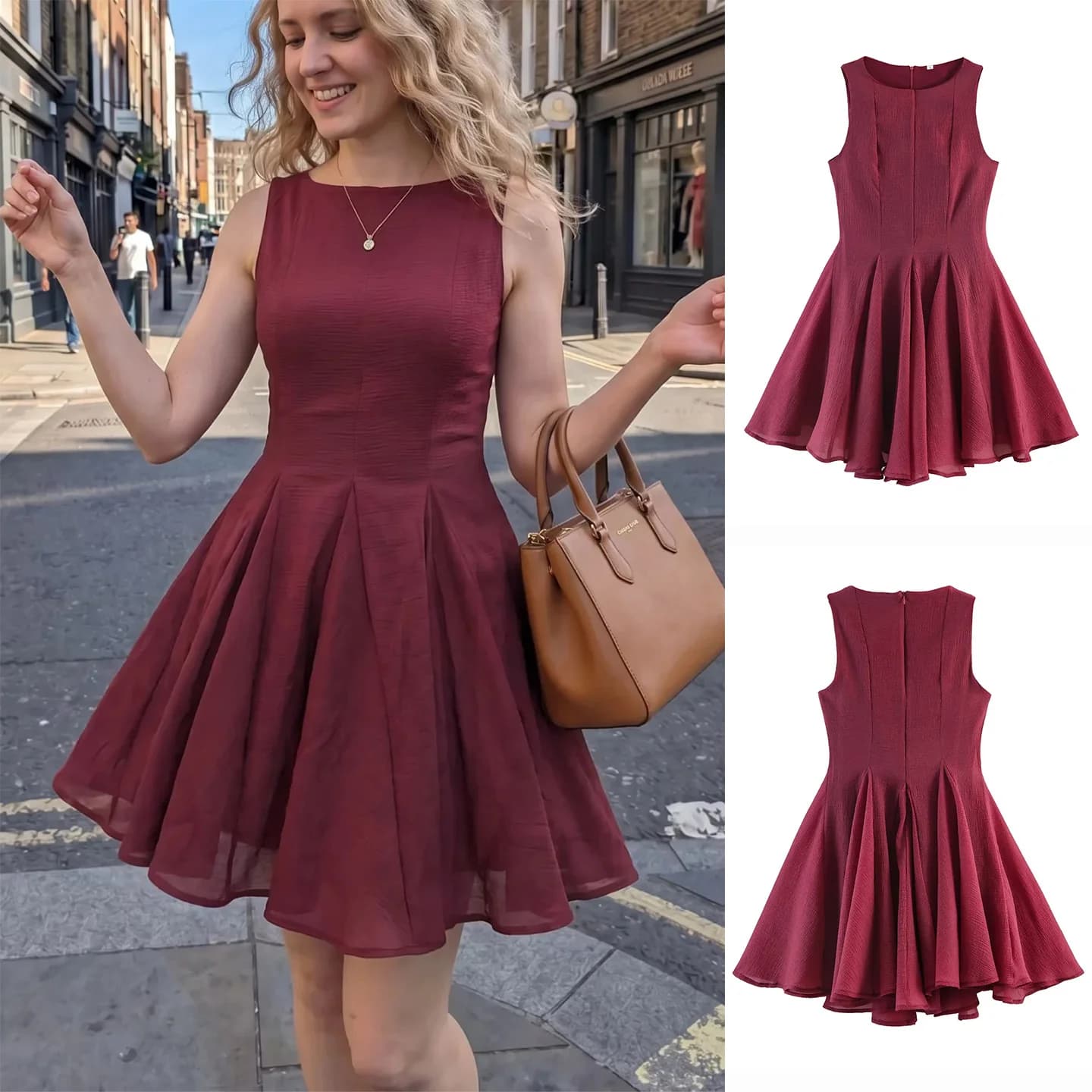 Summer New Arrival Women's Minimalist round Neck Sleeveless Pleated Decorated Flared Hem Short Dress A-Line Skirt Outdoor Wear