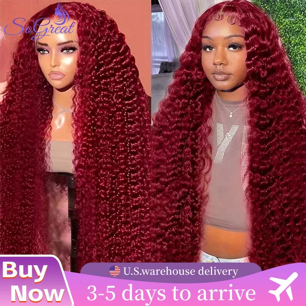 SoGreat Burgundy Wigs Ricci Wave Deep Parrucca Anteriore Del Merletto 13x6 13x4 Veletta Frontal Wave Water Wig Human Hair 99j Brazilian Human Hair