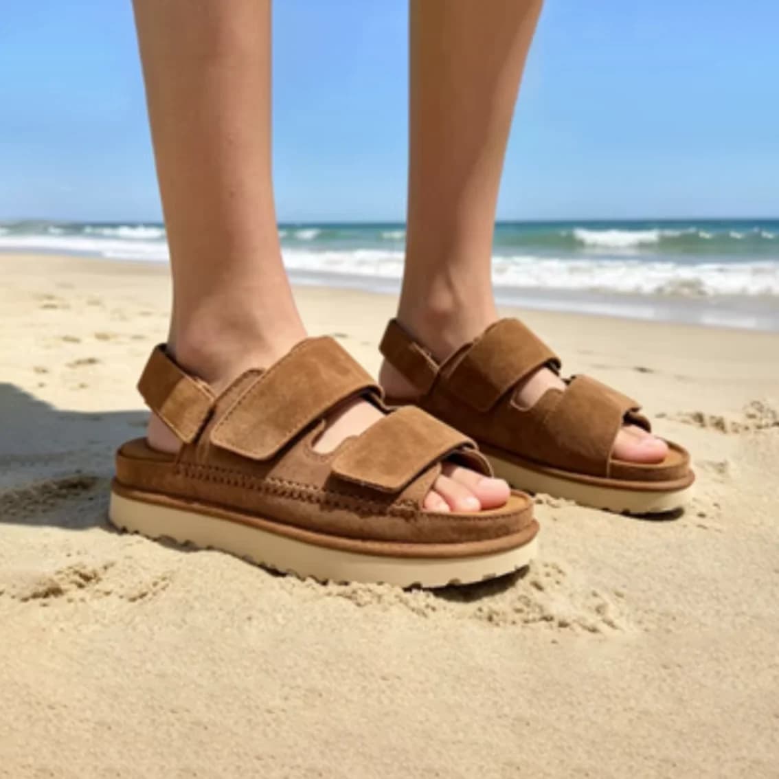 Women's beach shoes with double-layer thick sole one-strap Velcro sandals women's height-increasing shoes for women