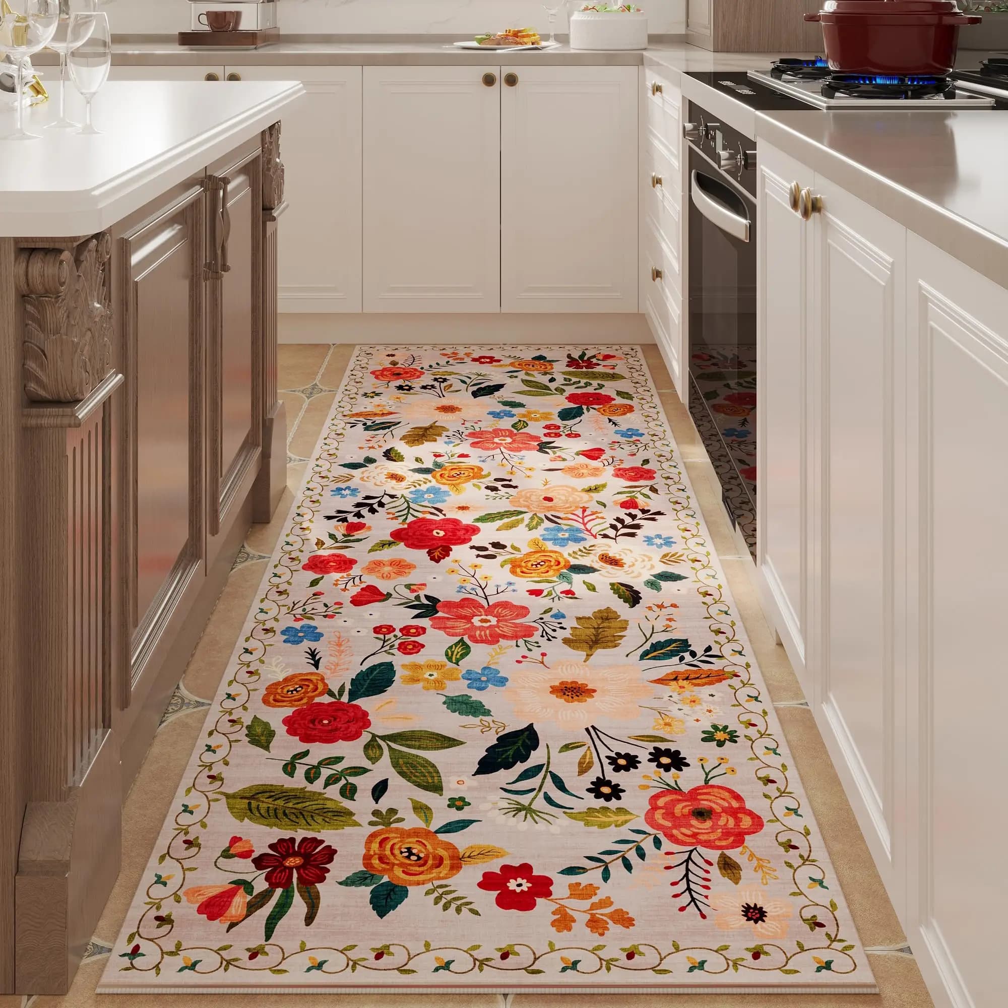 VIKAMA Runner Tappeto per corridoi Cucina Tappeti antiscivolo lavabili in lavatrice con supporto in gomma Tappeti floreali morbidi per l'arredamento della cucina