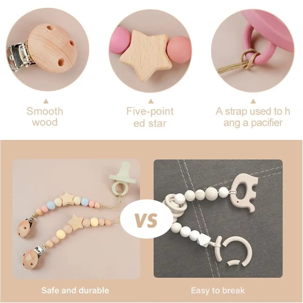 Clip per Ciuccio, Portaciuccio in Legno, Catena Portaciuccio per Neonati, Clip Porta Succhietto a Stella, Cinghie per Massaggiagengive per Bambini