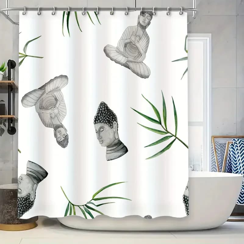 Elegante tenda da doccia con statue di Buddha Zen Gardens, perfetta per l'arredamento del bagno tranquillo! (Prodotto ID123456)