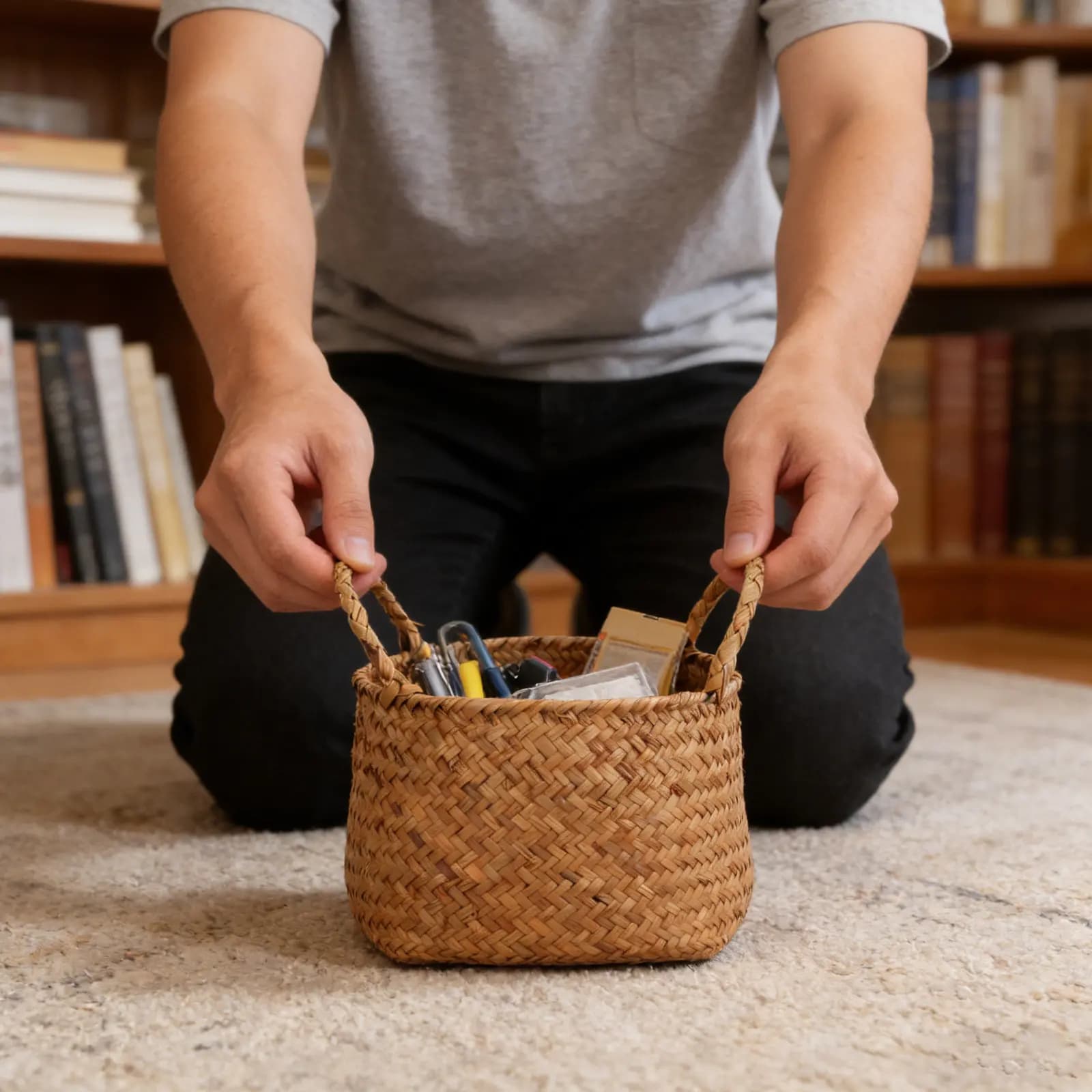 Cesto in Erba Marina Intrecciato a Mano, Stile Rustico Giapponese, Organizzatore per Cosmetici, Articoli da Toeletta, Fiori, Decorazione per Scaffali