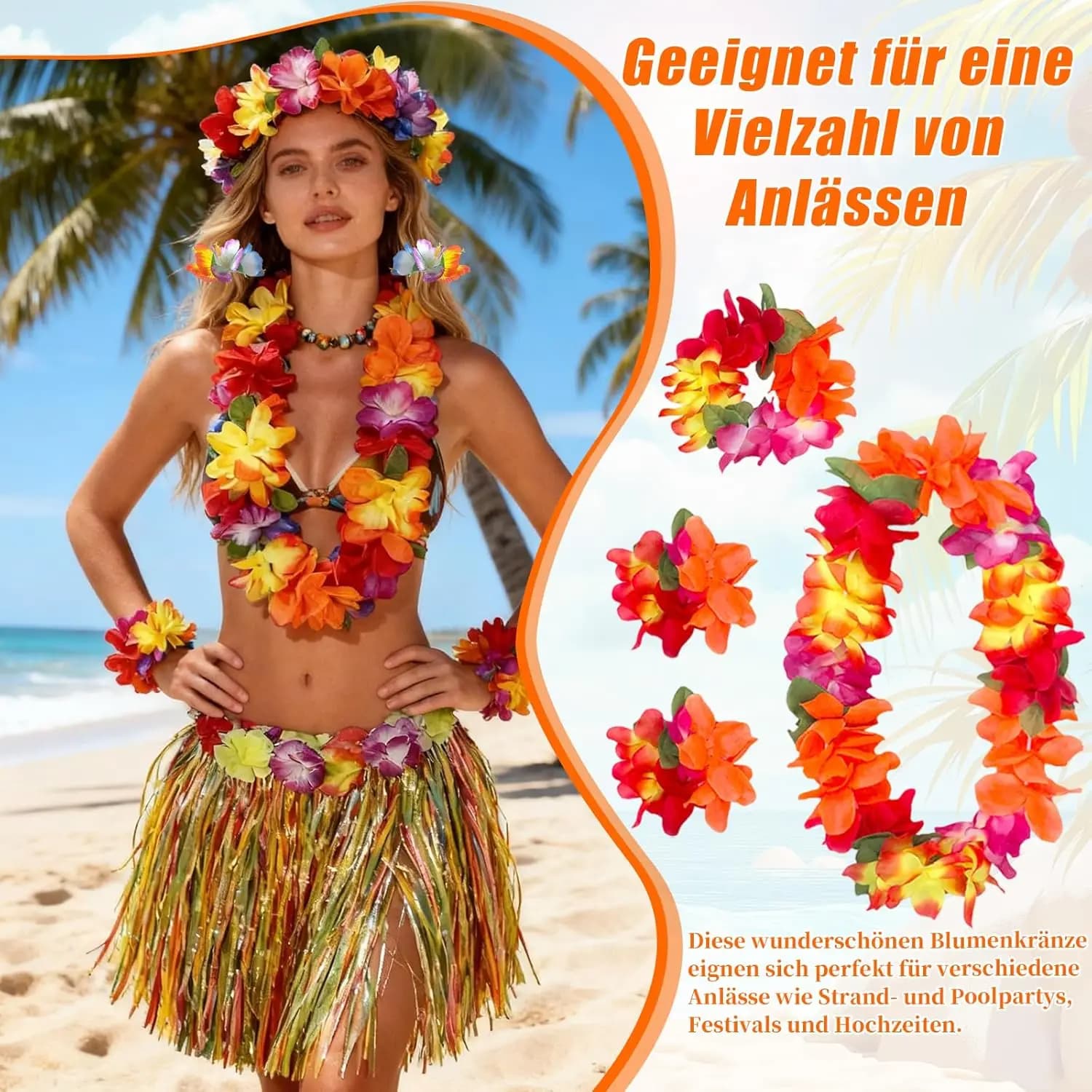 Set di 7 Pezzi Costume Hawaiano da Donna con Gonna di Erba, Abito da Ballo Hawaiano con Fiori, Collana e Braccialetto Floreali