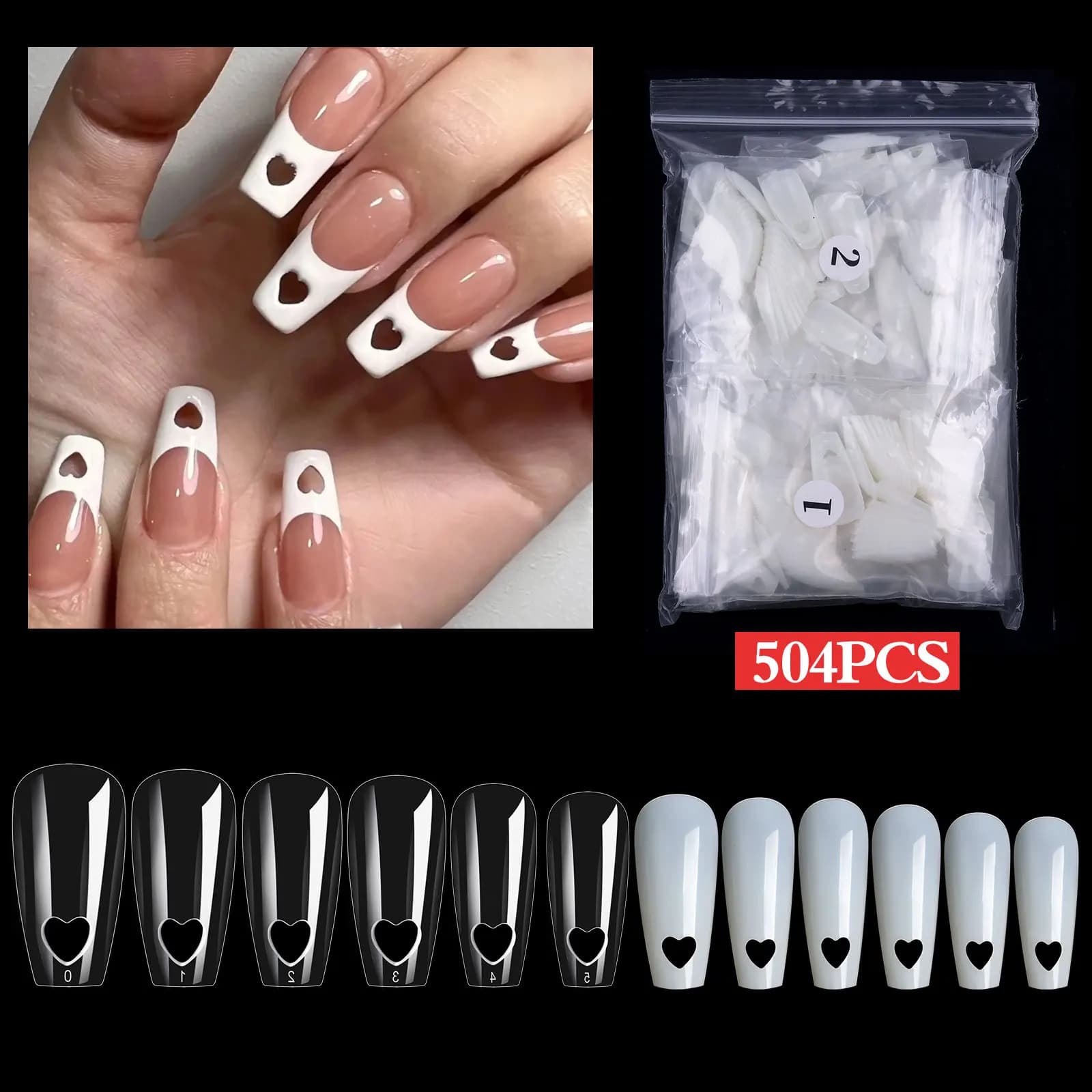 Cuore scavato unghie finte Art Tips 504/120 pz/borsa naturale e trasparente stampa su unghie acriliche UV Polish Board Patch strumenti per Manicure