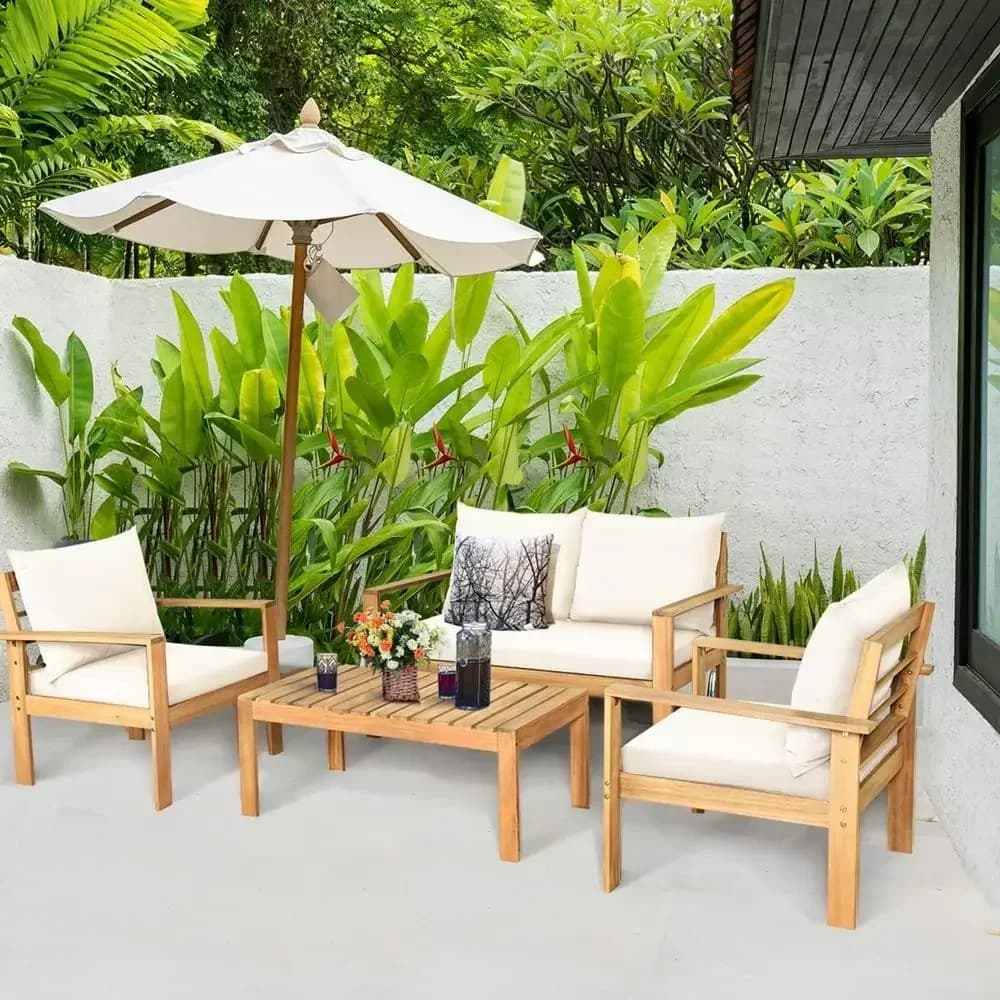 4 Pieces Outdoor Acacia Wood Soa Set, Outdoor Contion Soa Set with Table & Cushions Porch Chairs or Garden, Patio, Deck