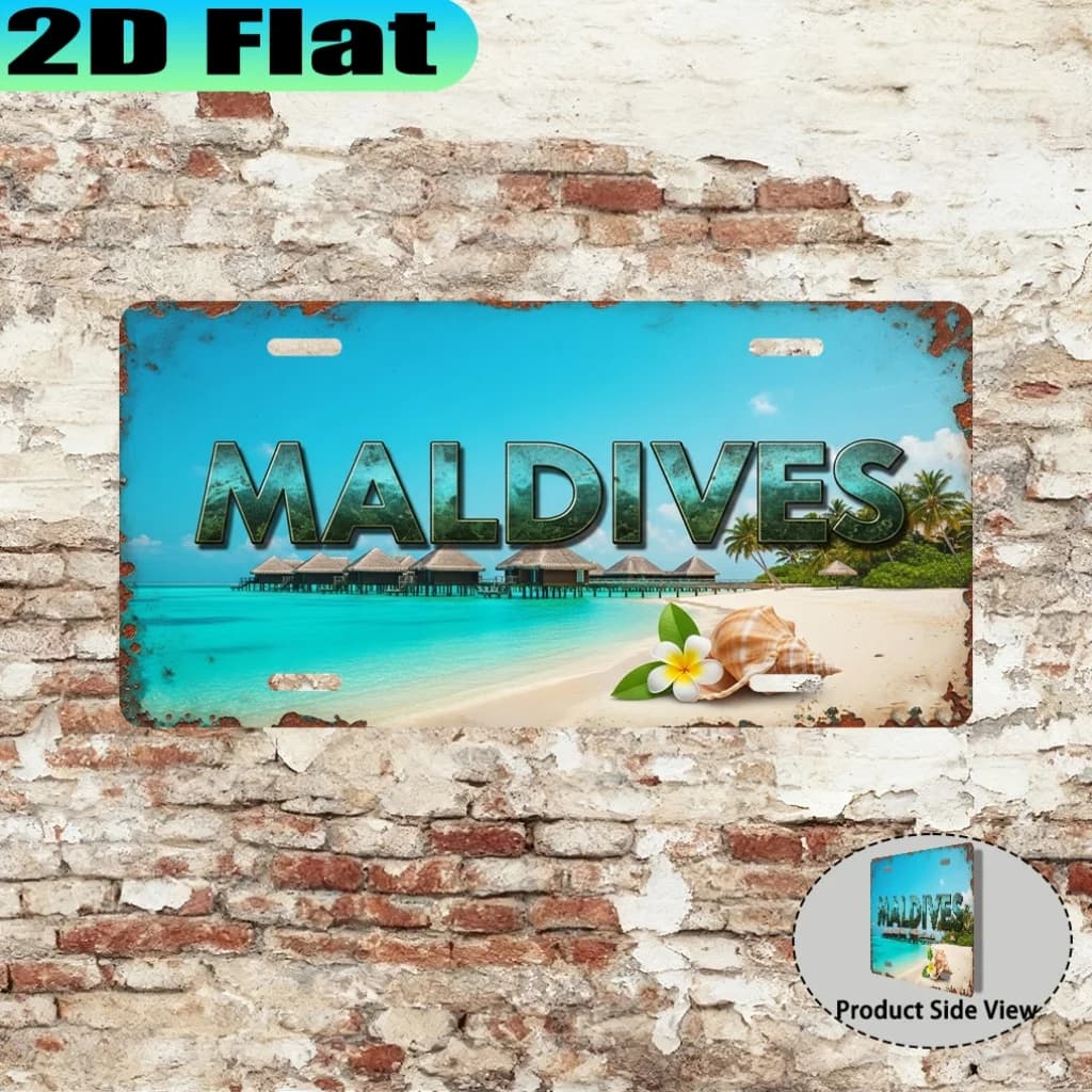 Targa in Metallo Stile Targa Automobilistica con Stampa 2D 'Paradiso Tropicale delle Maldive', Insegna Decorativa in Alluminio a Tema Isola Esotica
