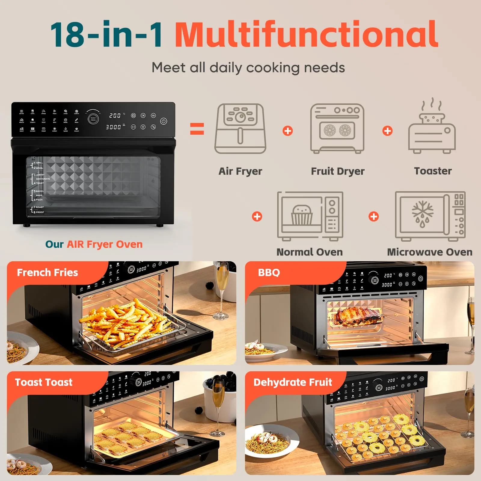 Forno Elettrico Commerciale 18-in-1 da 1800W con Funzione Friggitrice ad Aria da 30L e Forno per Pizza - Ingrosso
