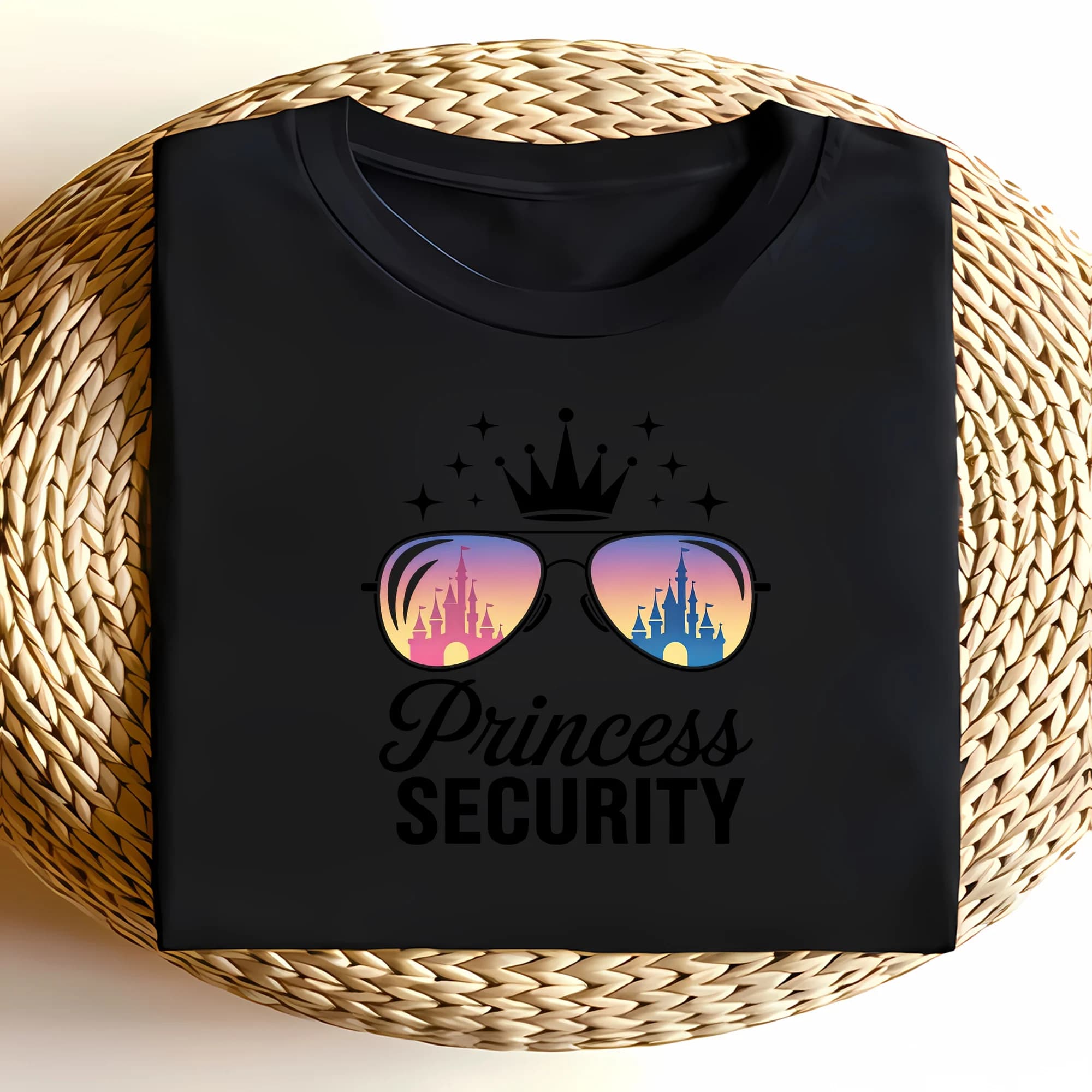 Unisex Princess Security Cartoon Castle Sunglasses Print Crew Neck T-Shirt, Breathable Lightweight, Theme Park Daily Wear