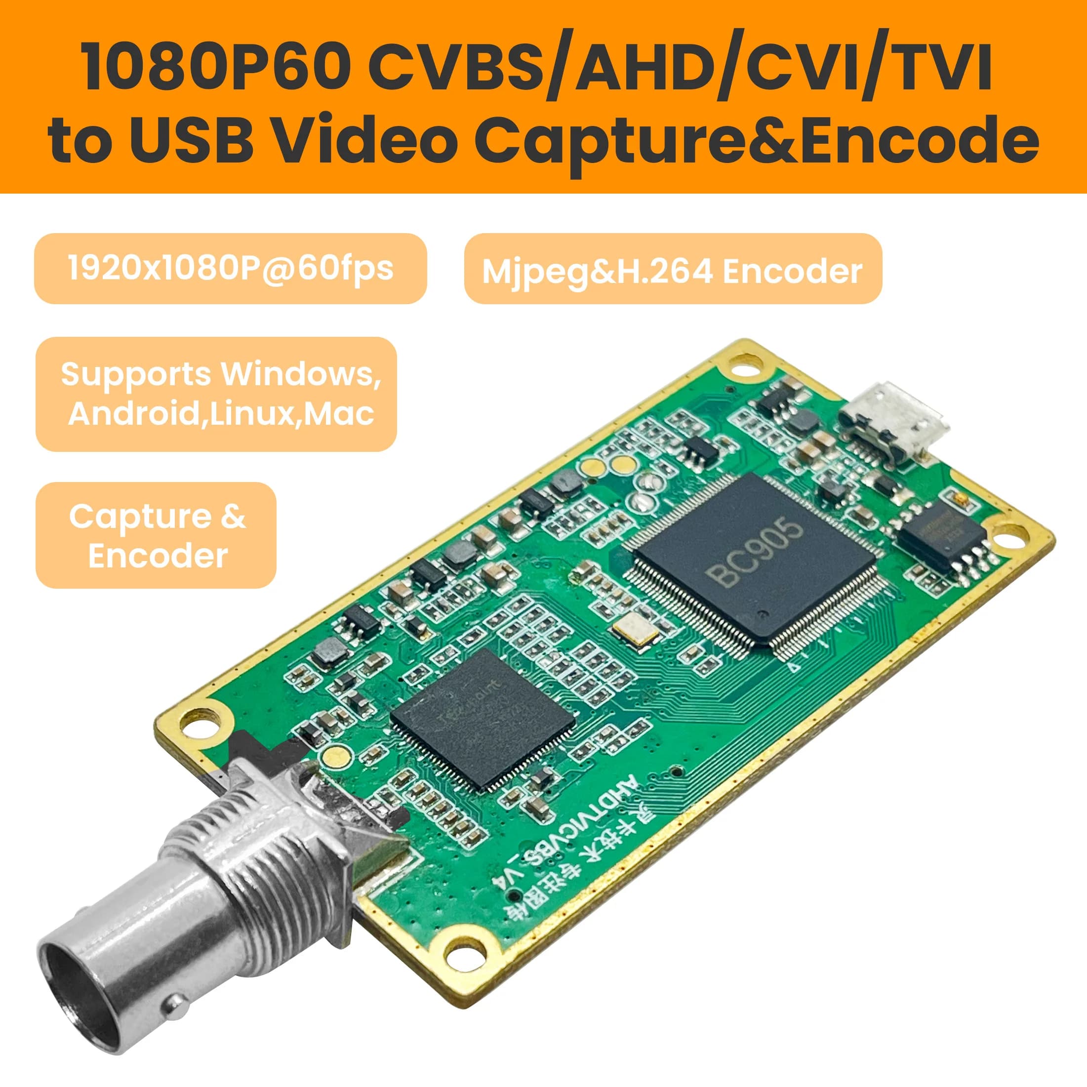 Lcc261 1080p60 Cvbs To Usb Capture Card H.264 Encoder,cvbs/ahd/cvi/tvi To Uvc/usb,cvbs2uvc,h264&mjpeg Two Streams Encoder,bnc