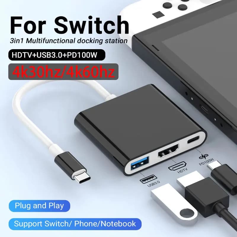 New 3 IN 1 laptop for Nintendo Switch Hub TYPE-C 4k/60hz docking station with HDMI 100W charging PD and USB 3.0 ports