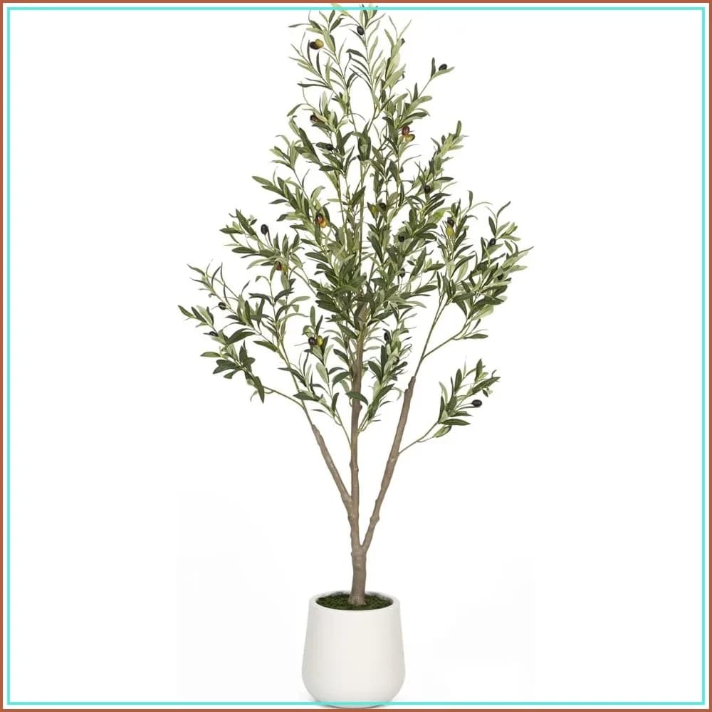 5ft Artificial Olive Tree with White Planter, Faux Olive Tree for Home Office Decor, Lifelike Indoor Plant with Natural Wood Trunk