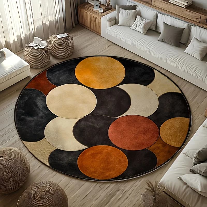 Round carpet printed in flannel with pattern to abstract circles for yoga, meditation and home decorations, soft carpet with modern artistic design