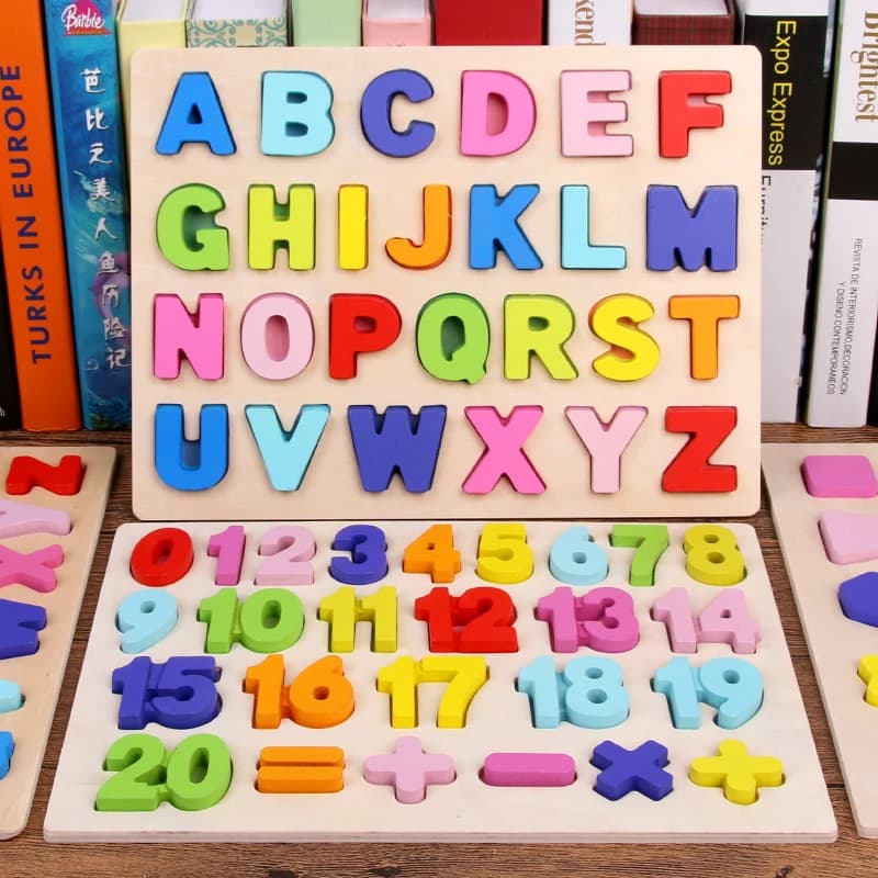 Puzzle in Legno con Lettere e Numeri, Gioco Educativo per Bambini, 26 Pezzi, Puzzle in Inglese per Allenamento Mentale