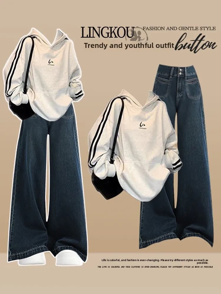 Korean Style Spring Set Women's College Style Hoodie High Waist Slimming Jeans Two Piece Set Large Size Youthful Fashion