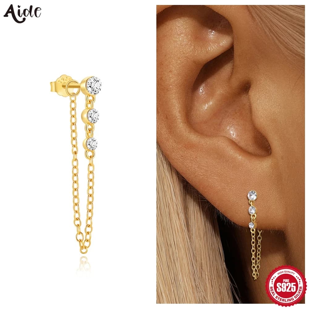 Orecchini Pendenti Aide S925 in Argento Sterling con Zirconi, Catena Placcata Oro, per Uso Quotidiano e Feste