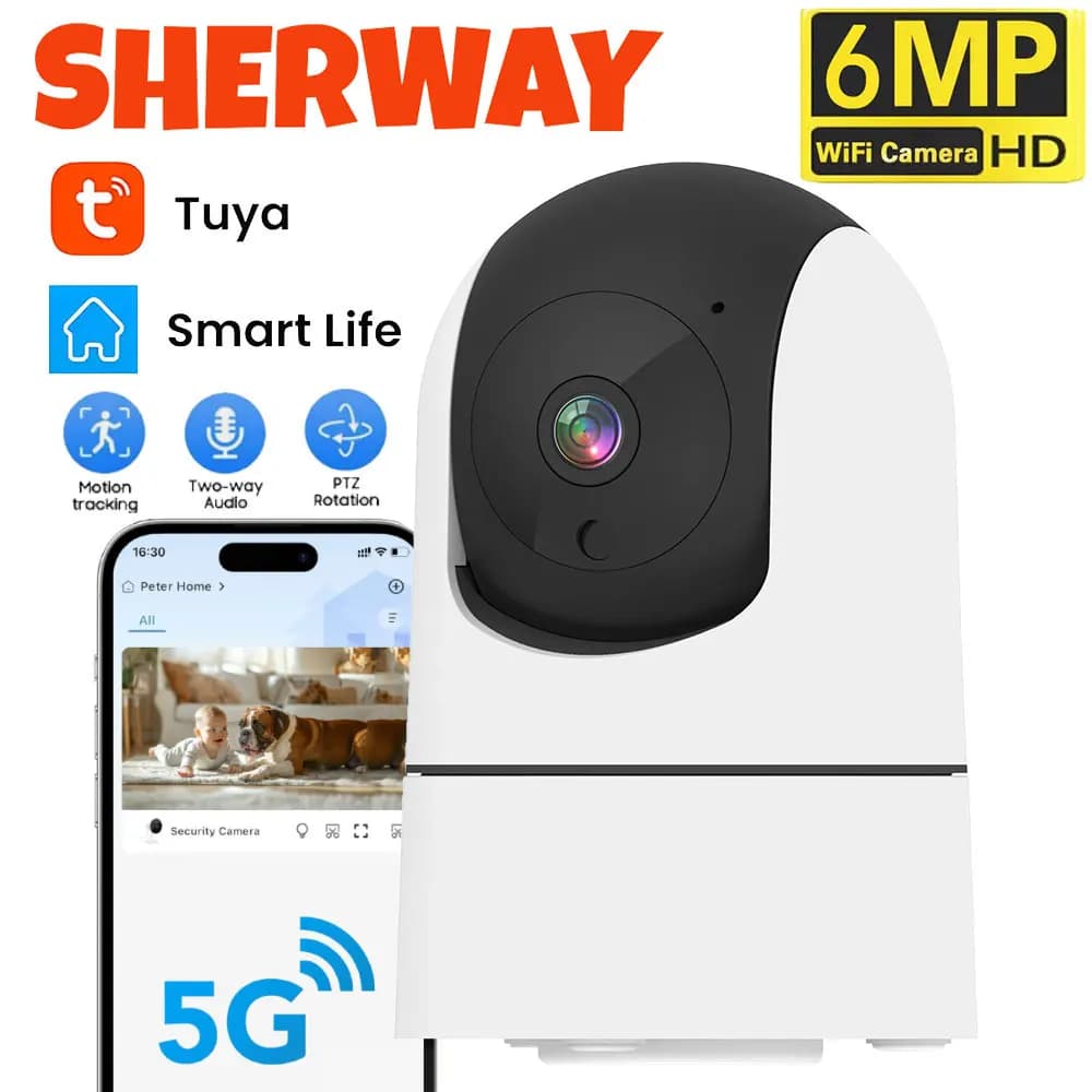 Tuya 5G WiFi Telecamera di sicurezza interna 6MP HD Wireless 6x Zoom Baby Monitor Cam Visione notturna IR Rilevazione automatica del movimento Sorveglianza