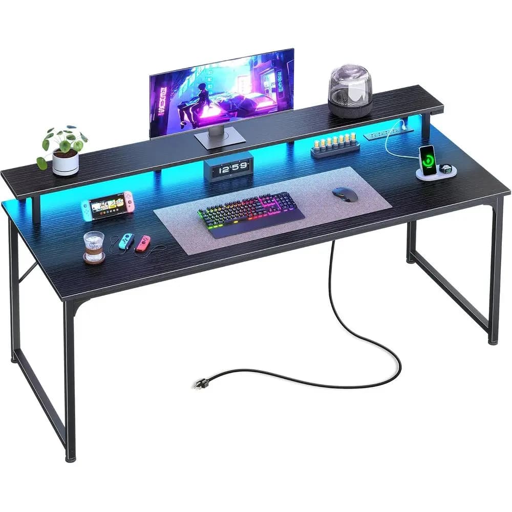 55 inch Gaming Desk, LED & Power Outlets, Monitor Stand, lack | Sturdy PC Desk or Home Oice, Study & Work, LED Lights, 4 AC Outl