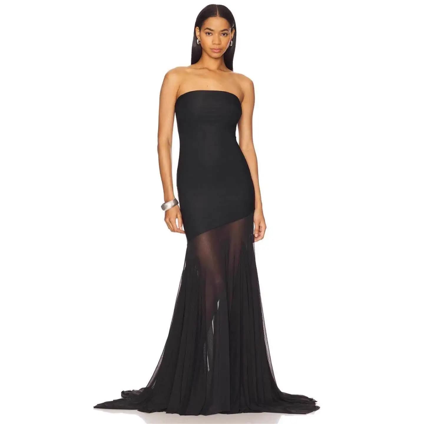 Abito Lungo Sexy Senza Spalline in Rete Monocolore, Modellante, Nuova Moda Donna 2025, Abbigliamento Transfrontaliero, Vestito Senza Maniche