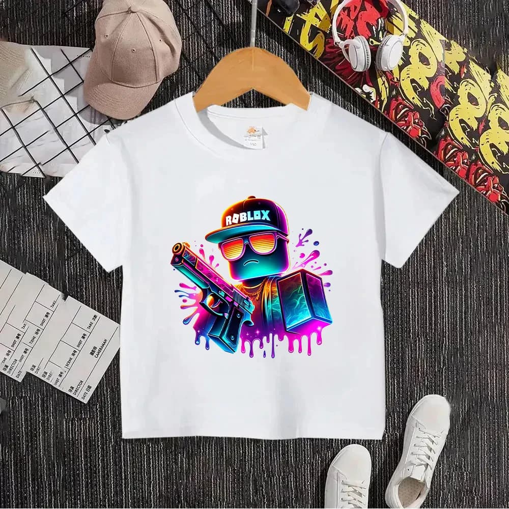 T-Shirt con Cappuccio Stile Graffiti Neon per Bambini, Design Roblox per Ragazzi e Ragazze, Moda Streetwear