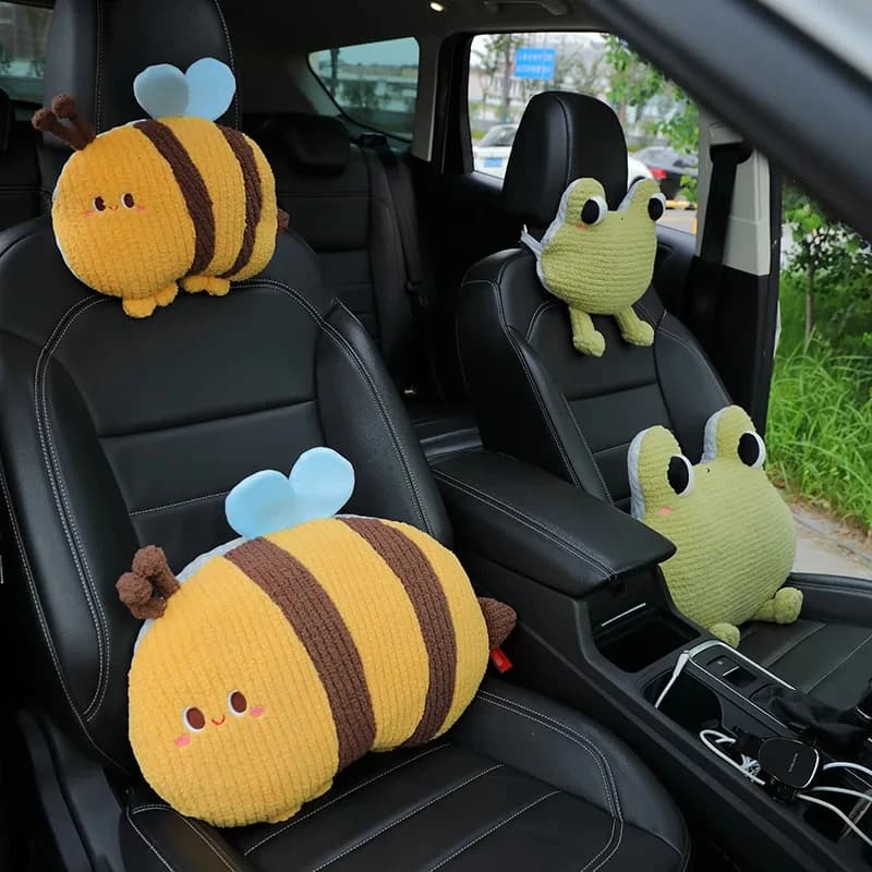 Cuscino Morbido a Forma di Fiore Rosa, Rana Verde e Ape Gialla, Supporto Lombare per Auto, Regalo Creativo per Ragazze