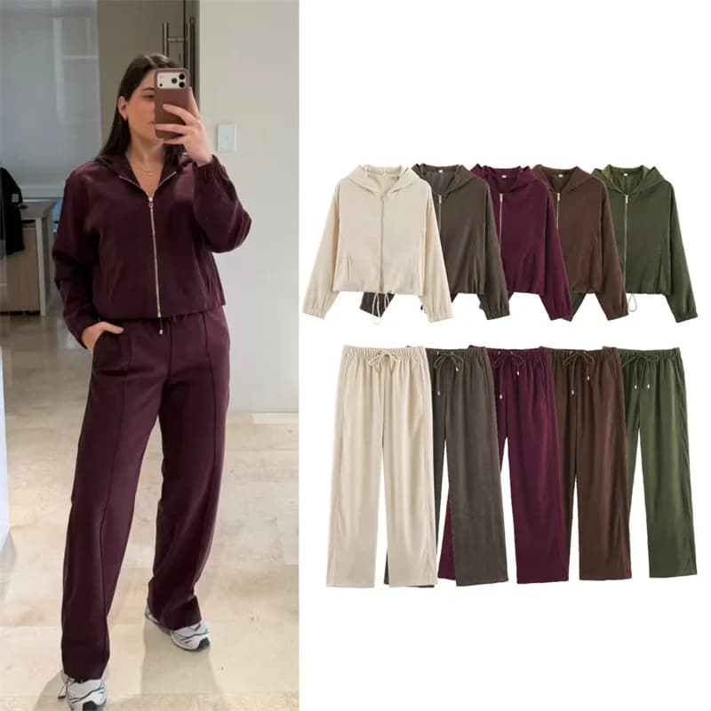 Guobioziy Women's Set 2026 Fall New Version Solid Color Long-Sleeve Hoodie Loose Jacket and Pants Set Casual Sports Relaxed