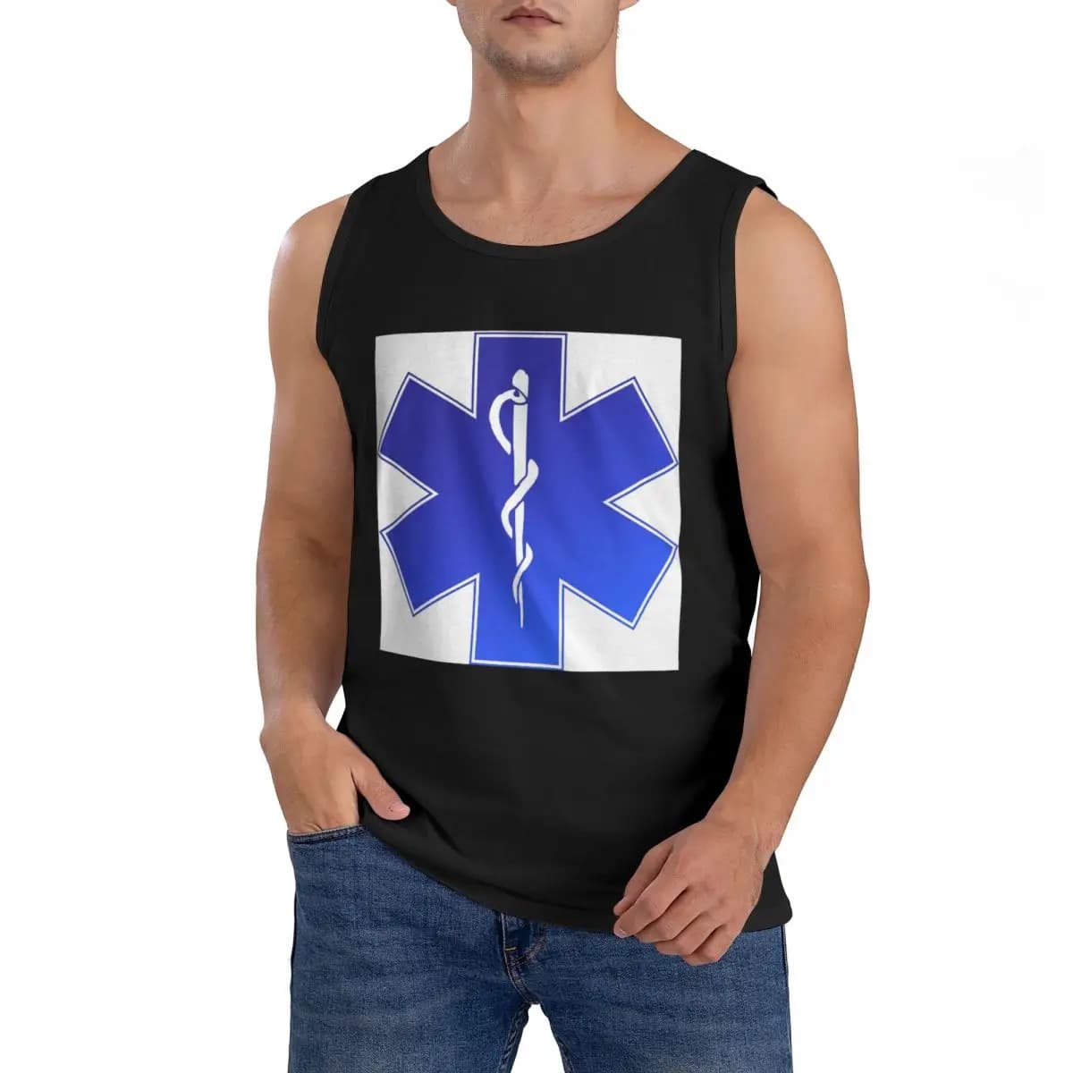 T-shirt senza maniche in cotone 100% EMS EMT Paramedic Star Of Life, abbigliamento sportivo da uomo, gilet girocollo da uomo