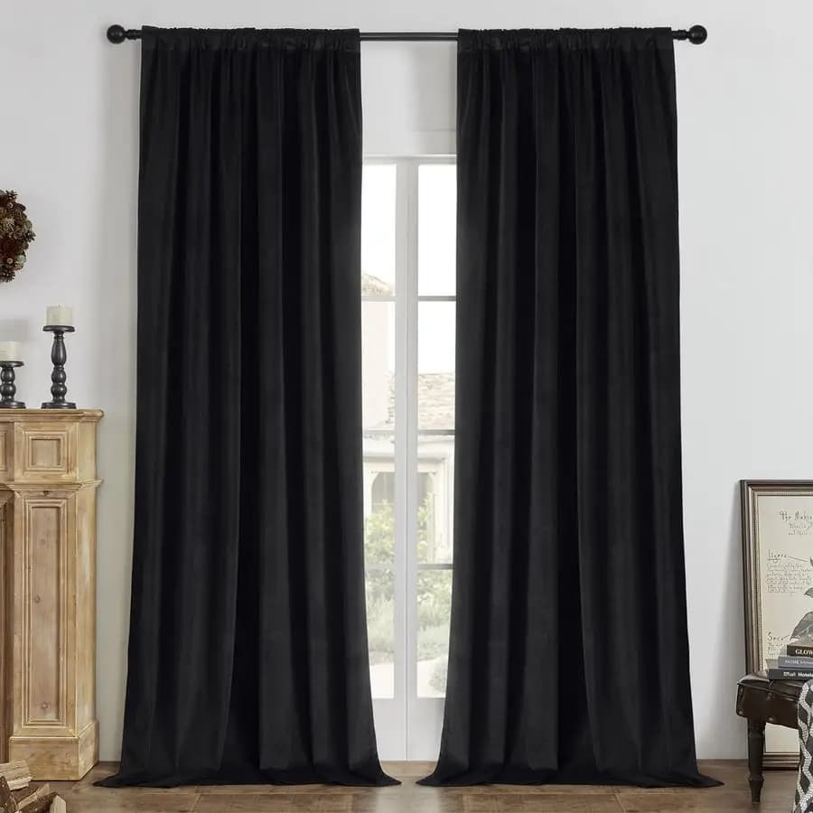Dark Black Curtains 100% 96 Inches 2 Panels, Black Velvet Luxury Curtains Thermal Insulating for Bedroom and Living Room, Insulating
