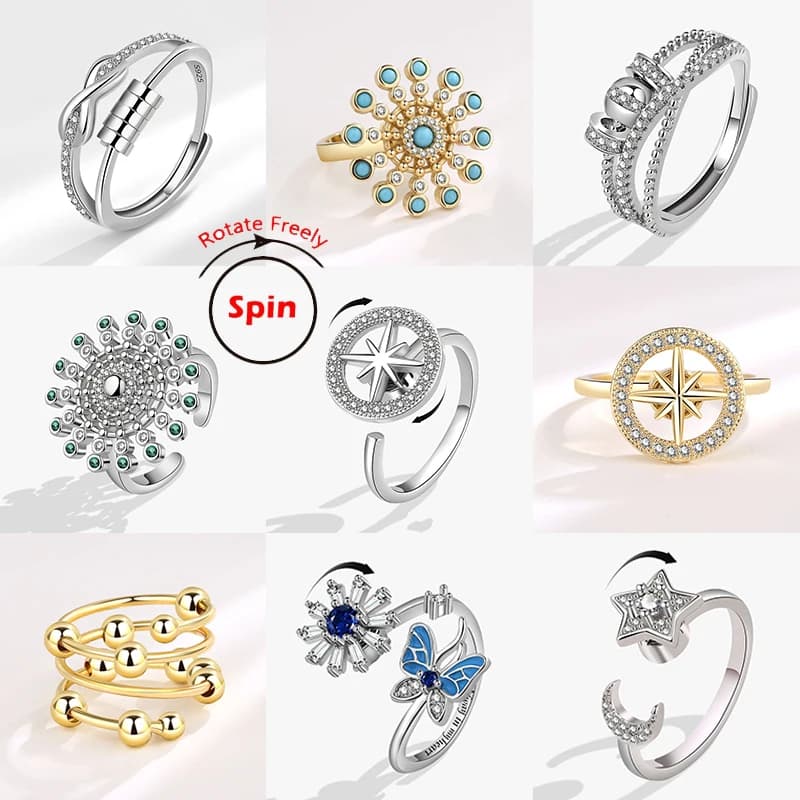 Anello Antistress con Perline alla Moda 2026, Anelli Fidget Spinner, Anello Coreano con Cristalli a Forma di Farfalla, Fiore, Stella e Luna, Gioiello Regalo Antistress