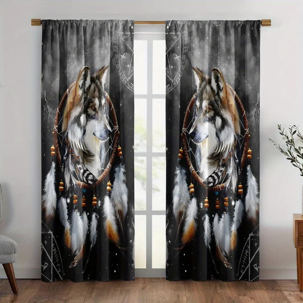 2pc Wolf print curtain set, suitable for bedroom and living room decoration, machine washable polyester, living room curtains