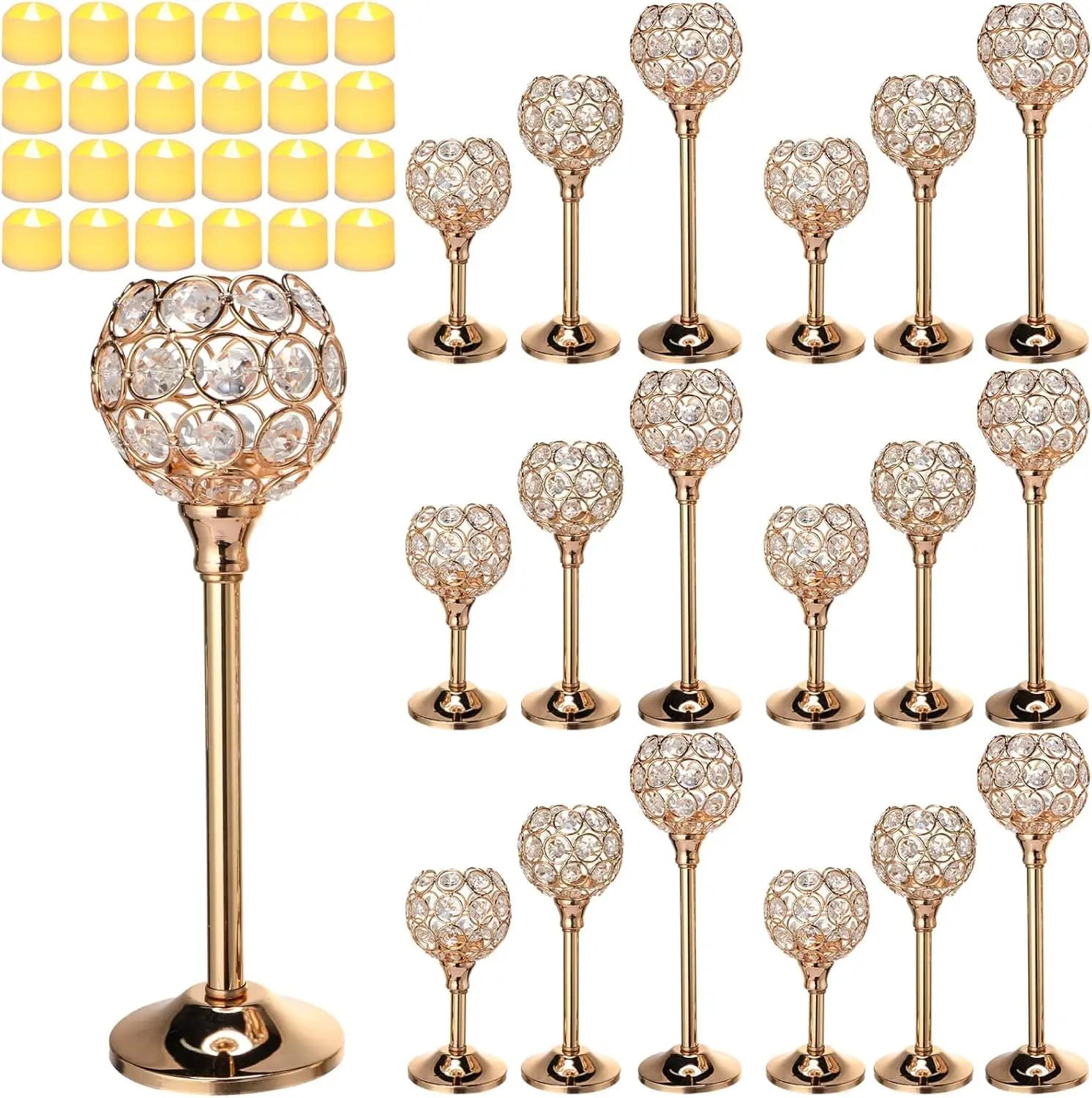 Set di 42 Portacandele in Cristallo con Luci LED, 3 Misure, Oro, per Centrotavola, Matrimoni e Decorazioni per la Casa