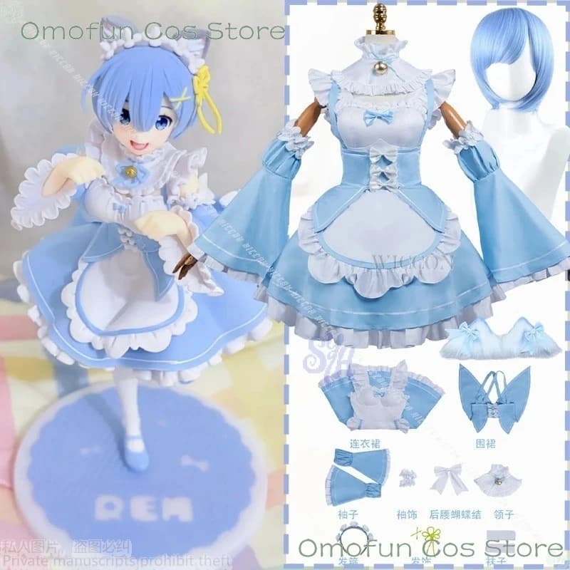 Costume Cosplay Rem di Re:Zero - Inizio di una Nuova Vita in un Altro Mondo, con Orecchie da Gatto Neko in Pizzo Aqua Kawaii H4;B,7\K/8