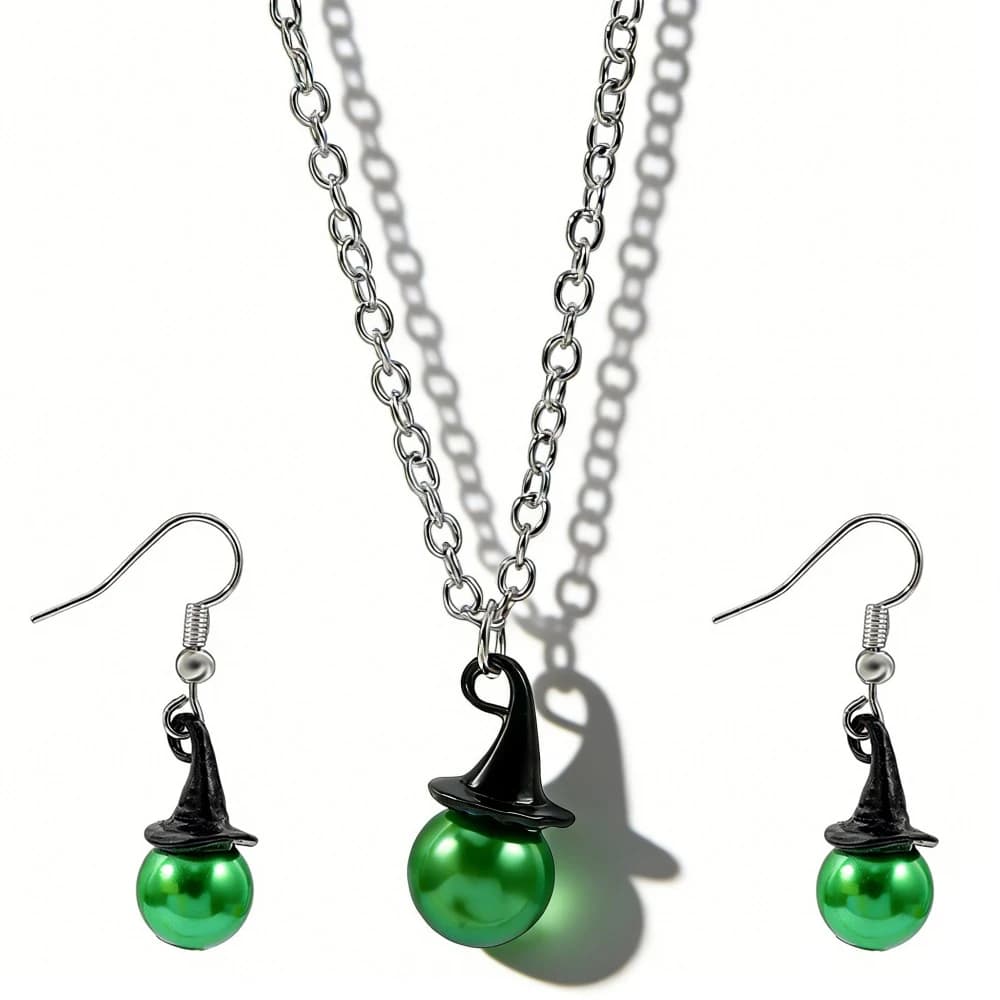 Set di Gioielli Ispirato a Wicked: Cappello da Strega, Corona, Collana di Perle e Orecchini, Accessori per Costume da Musico, Regalo di Halloween