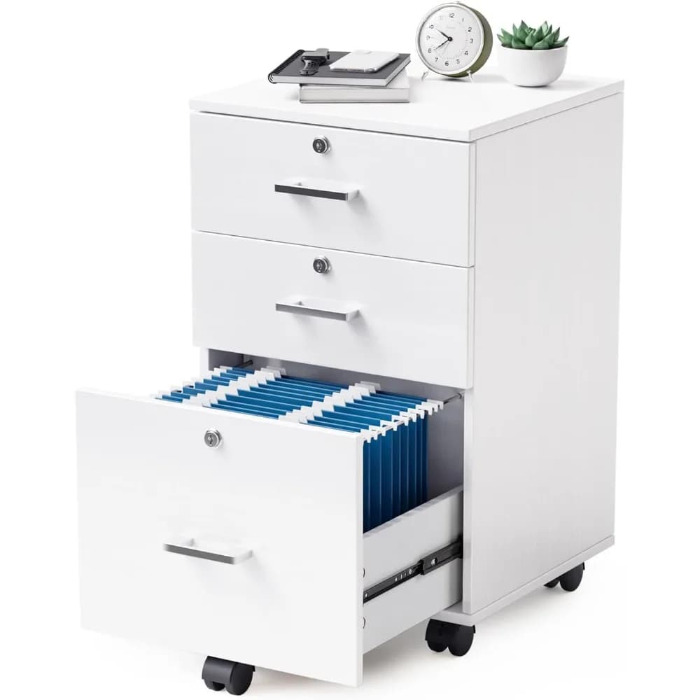 Schedario a 3 cassetti con serratura, schedario con rotelle in legno per ufficio domestico, supporto per stampante mobile, organizer per file sotto la scrivania