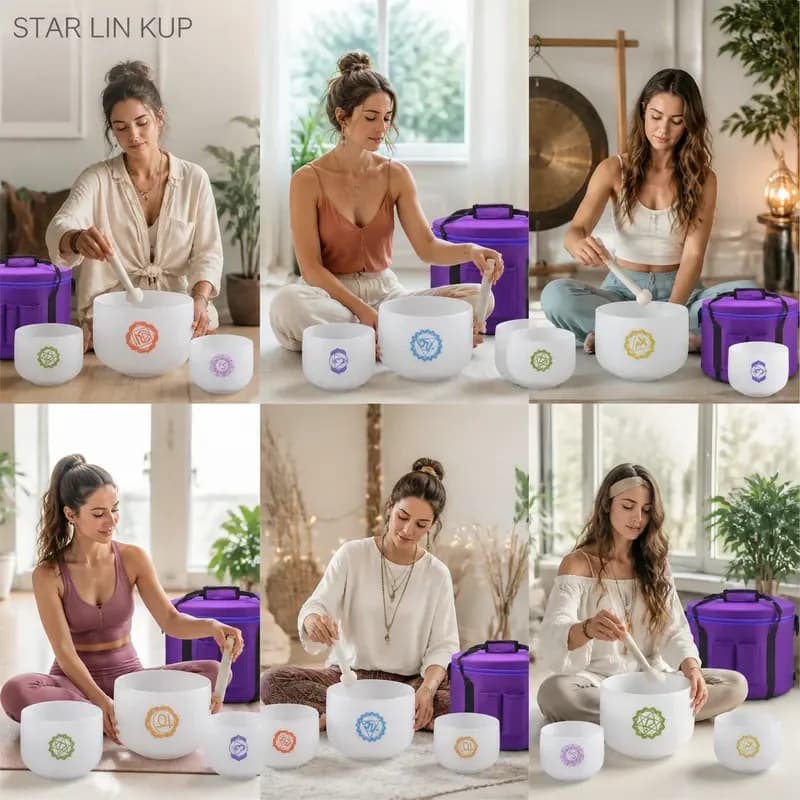 STAR LIN KUP 7PCS Chakra Crystal Singing Bowls Set 7-12 Inch Frosted Quartz Sound Healing Meditation Yoga Stress Relief with