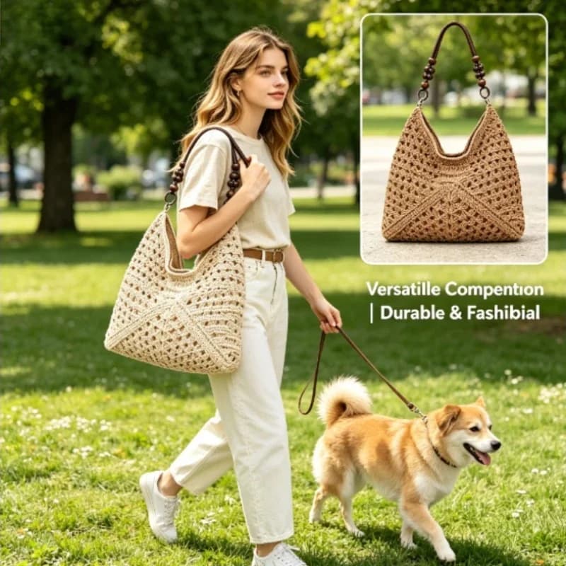 2026 Women's Lazy Style Hollow Woven Straw Tote Bag Travel Shoulder Handbag Beach Crochet Single Bag