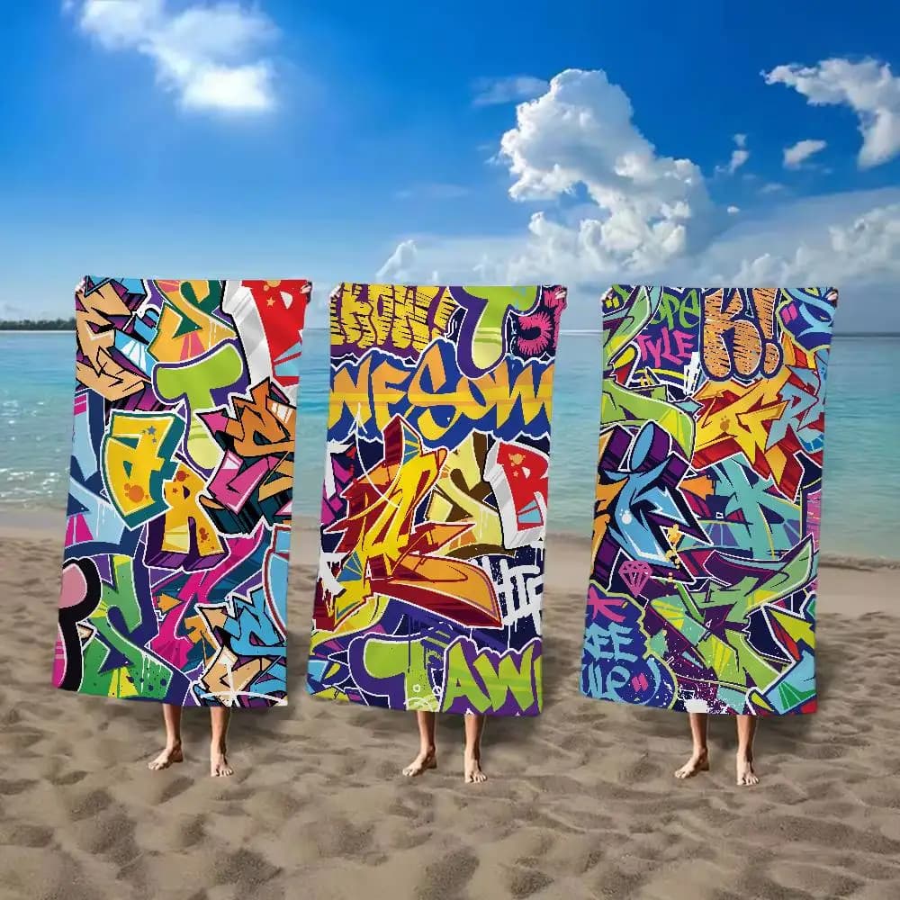 Asciugamano da spiaggia con motivo Graffiti dell'alfabeto Cartone animato estivo per bambini Grande piscina da bagno Asciugamano da spiaggia in microfibra assorbente per viaggi di nuoto