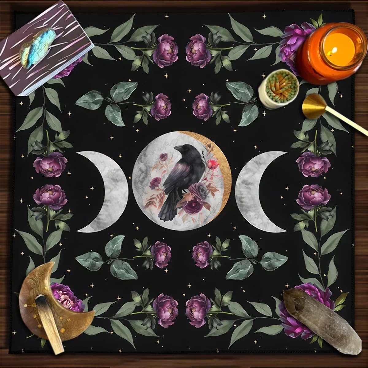 Tovaglia per tarocchi in tessuto per altare triplo corvo lunare per diffusione di tarocchi, tovagliolo floreale, stregoneria, gioco da tavolo, gioco di carte