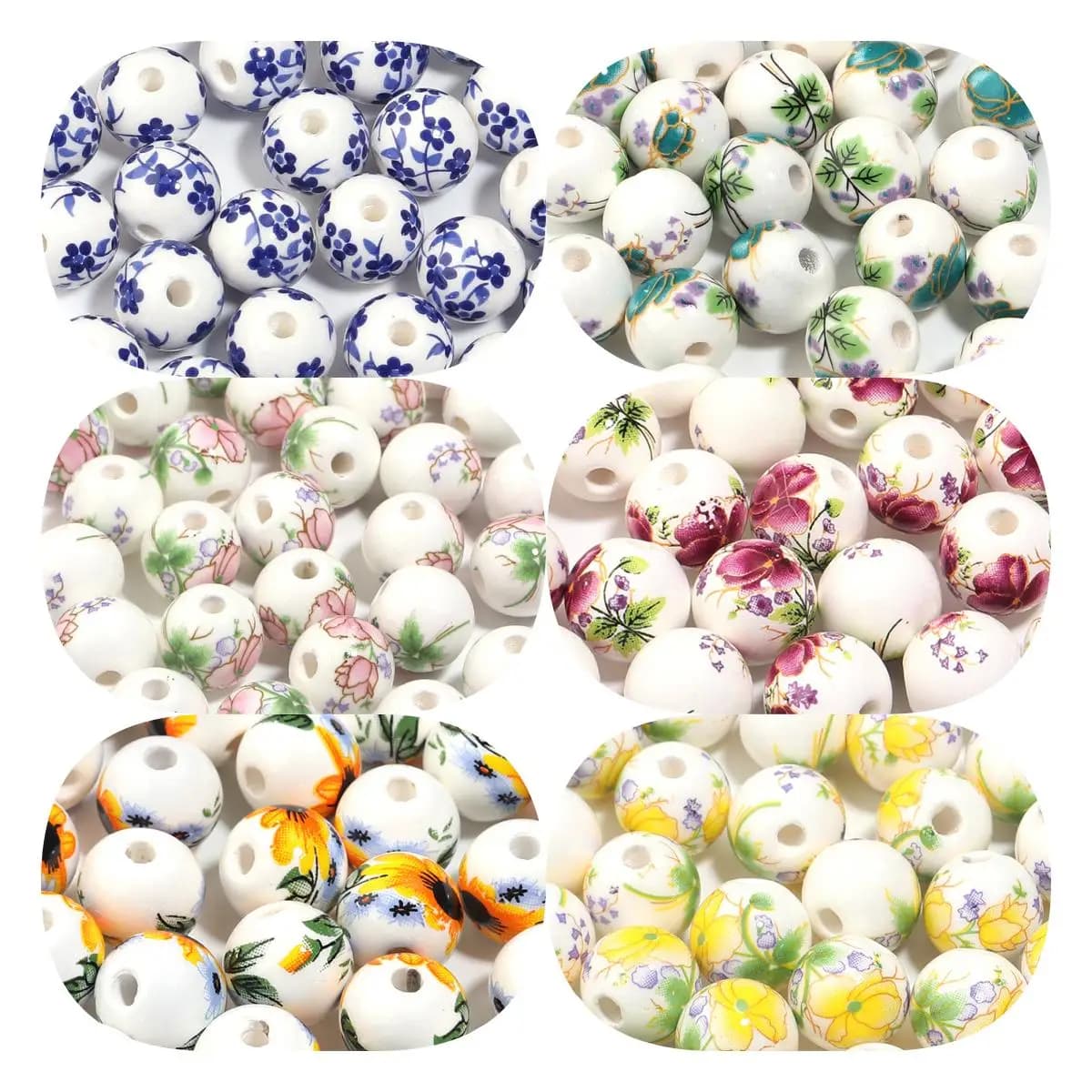 20/30 pezzi di perline distanziatrici rotonde in ceramica e porcellana con motivi floreali da 6mm, 8mm, 10mm, 12mm per decorazioni e creazioni fai da te.