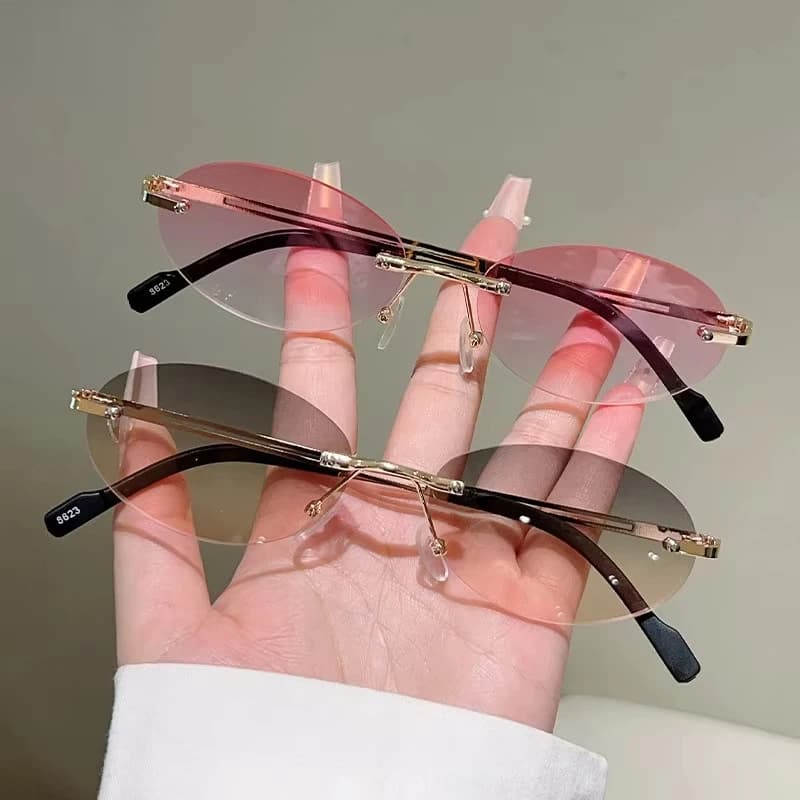 Occhiali da Sole Decorativi Sfumati alla Moda ad Alta Definizione, Occhiali da Sole Casual, Occhiali da Sole Ovali Senza Montatura con Sfumatura Rosa